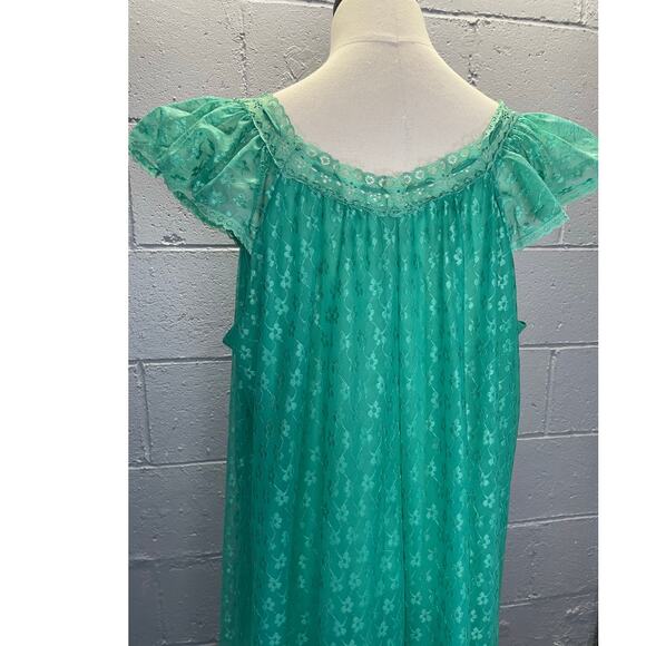 Vintage 1950s Green Nylon Chiffon Nightgown Floral Embroidered Semi Sheer Large - Picture 6 of 11